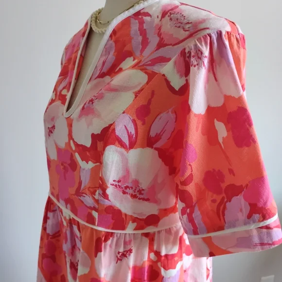 Vince Camuto Linen Blend Tropical Print Pink Orange Floral Easy Dress Size 4 - Picture 9 of 16